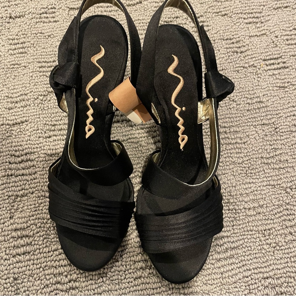 Nina Black Satin Slingback Heels
